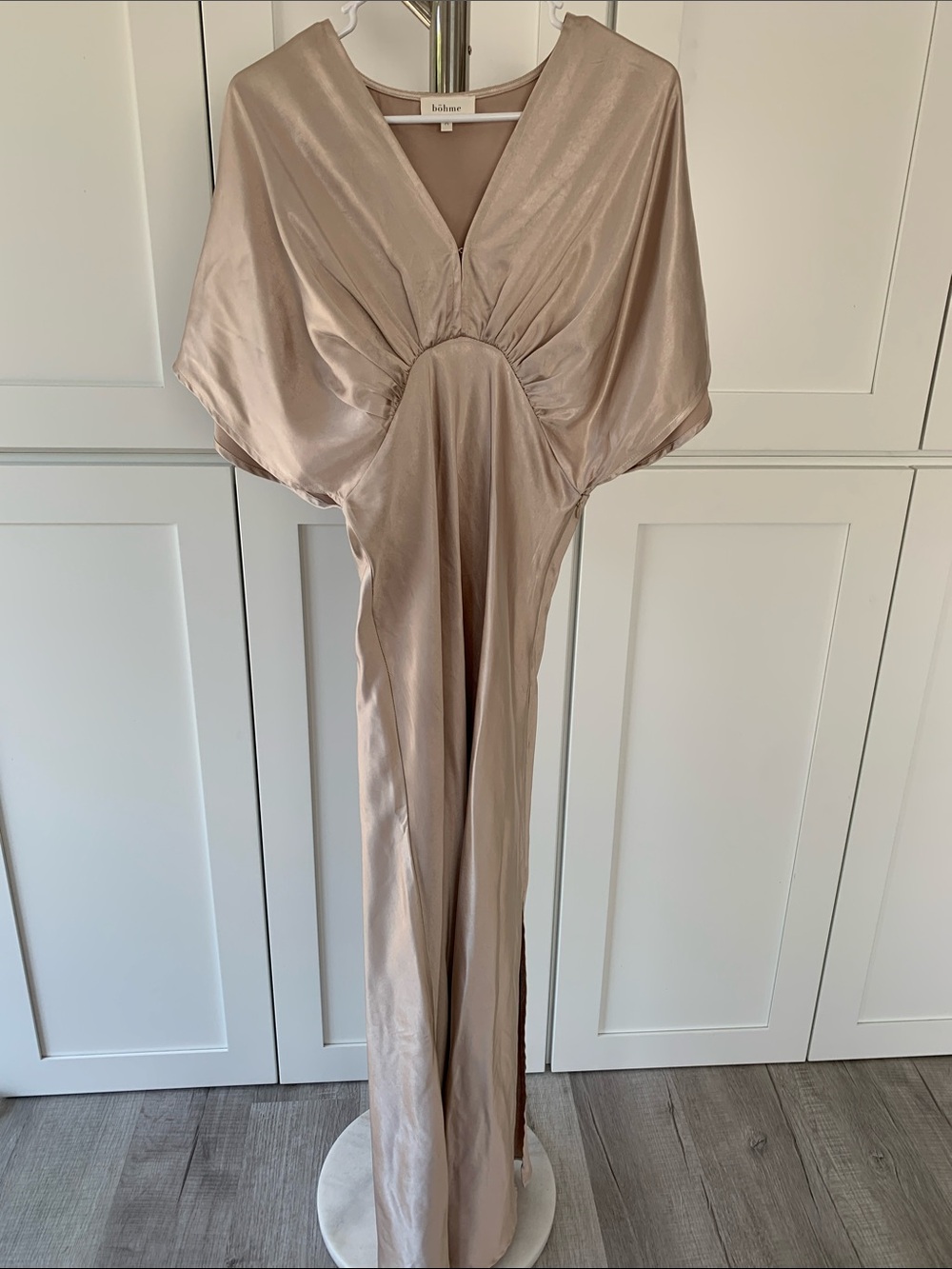 Bohme, Champagne/Taupy Satin V-Neck Maxi Dress, Size M.